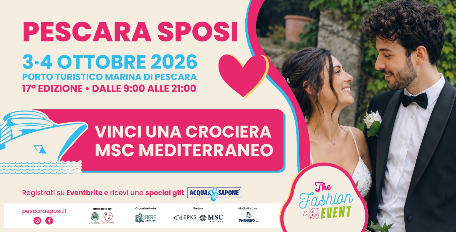 Pescara Sposi, 3 e 4 ottobre 2026: registrati e partecipa all’estrazione di una crociera MSC nel Mediterraneo